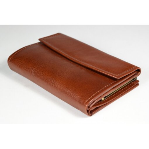 a brown leather wallet sitting on top of a white table.