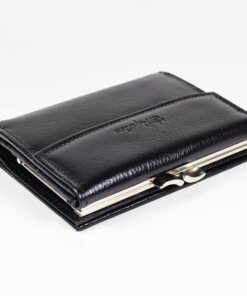 a black wallet sitting on top of a white table.