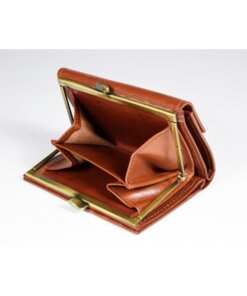 a brown wallet is open on a white surface.