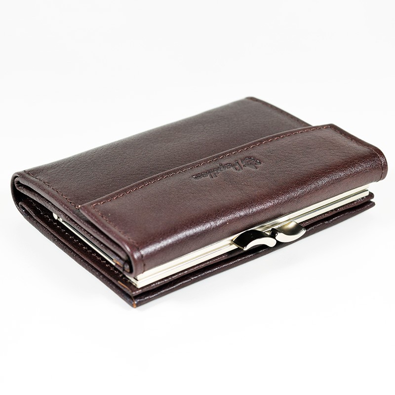 a brown leather wallet with a metal clip.