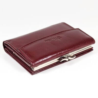 a red leather wallet on a white background.