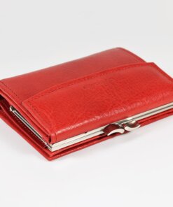 a red leather wallet is open on a white surface.