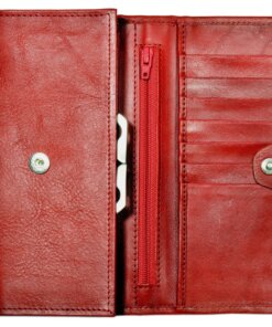 a red leather wallet opened and showing the inside of it.