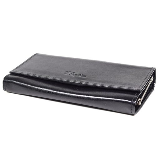 a black leather wallet on a white background.