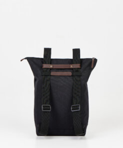 a black backpack with brown straps on a white background.