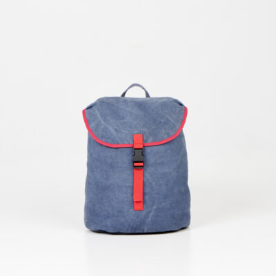 a blue backpack with a red stripe on the side.