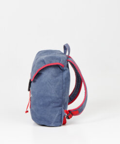 a blue backpack with a red strap on a white background.
