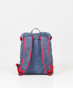 a blue backpack with red straps on a white background.