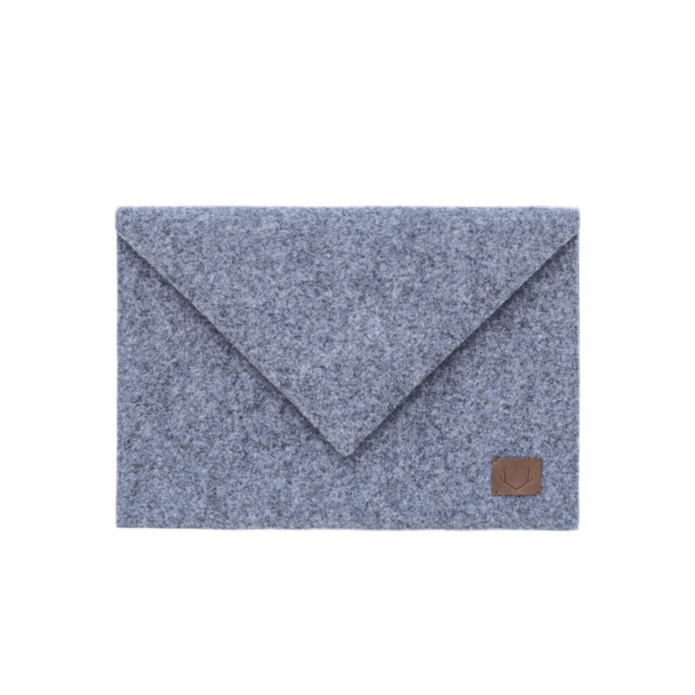 a gray envelope with a brown leather button.