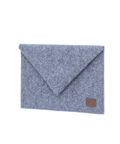 a gray blanket with a brown leather patch on it.