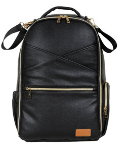 a black backpack with gold zippers on the front.