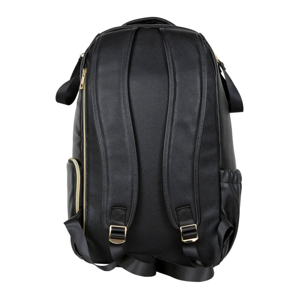 a black leather backpack with a gold zipper.