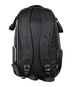 a black leather backpack with a gold zipper.