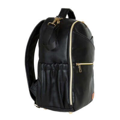a black backpack with gold zippers on the front.