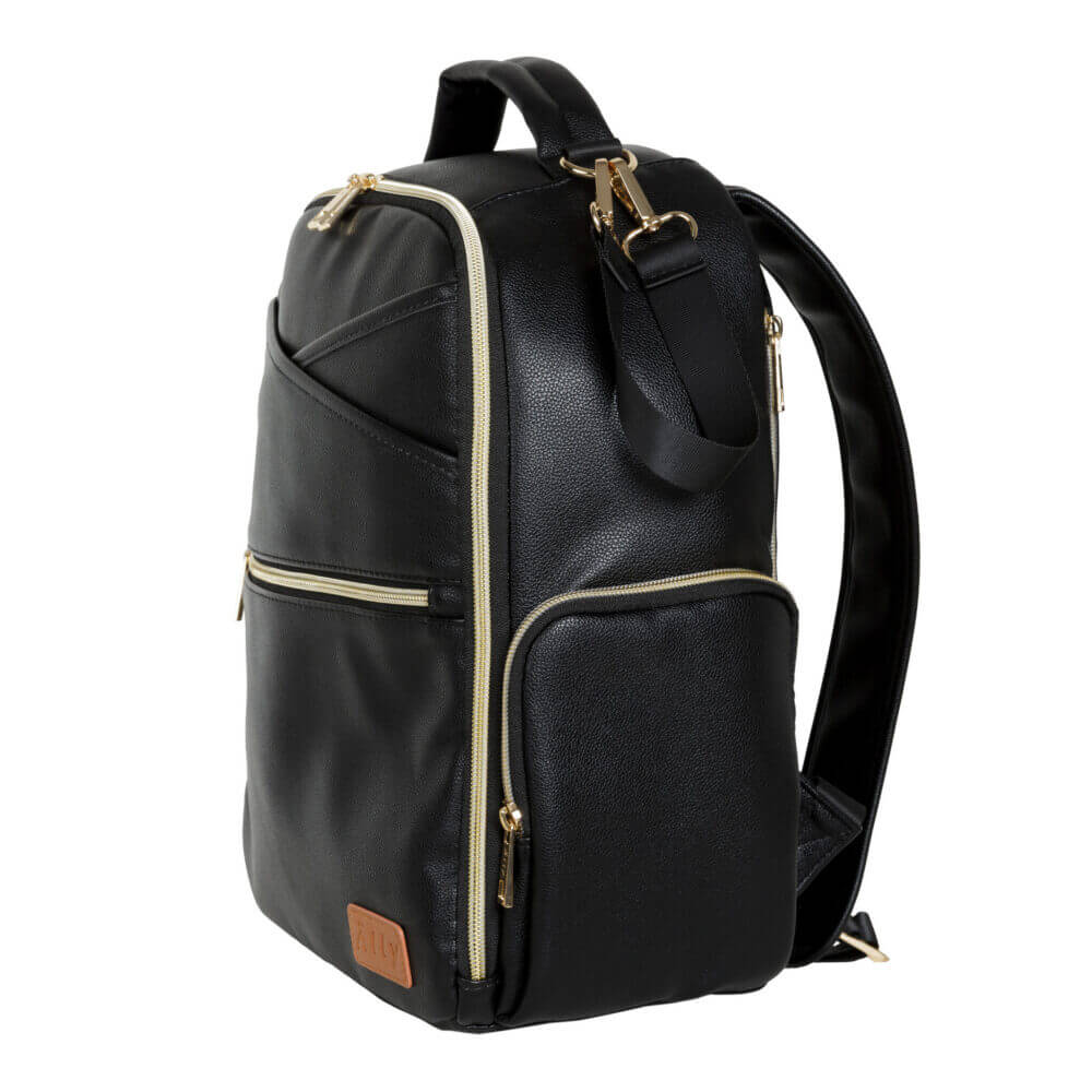 a black backpack with a tan zipper.