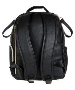 a black leather backpack with gold zippers.