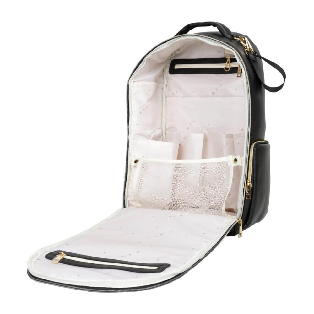a black and white bag with a handle.