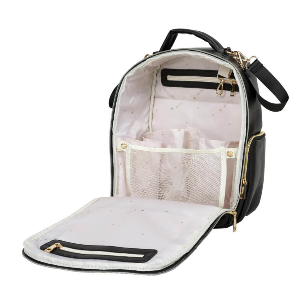 a black and white backpack with a zippered compartment.