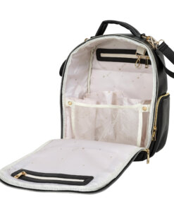 a black and white backpack with a zippered compartment.