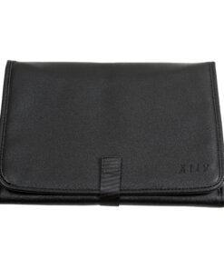 a black leather wallet on a white background.