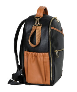 a black and tan backpack with a zippered pocket.