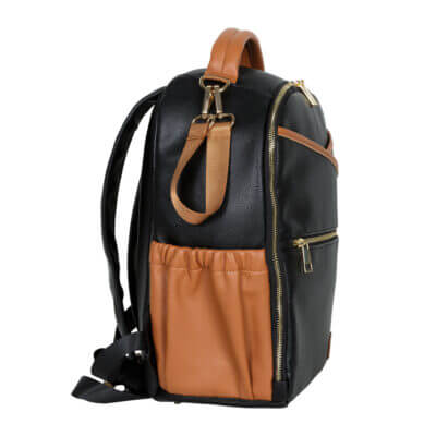 a black and tan backpack with a zippered pocket.