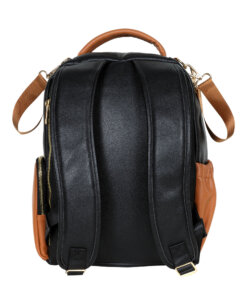 a black and brown backpack with a brown strap.