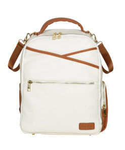 a white backpack with brown straps on a white background.