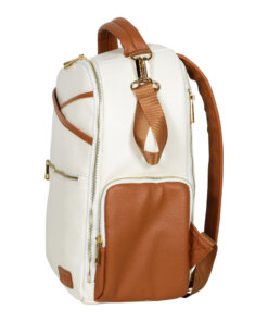 a white backpack with a brown strap.