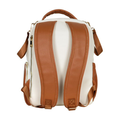 a brown and white backpack on a white background.