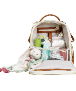 a diaper bag filled with baby items on a white background.