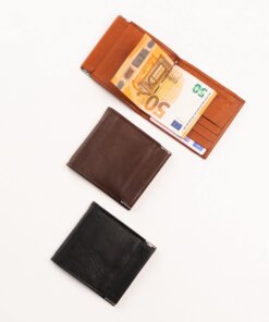 three different types of leather wallets on a white surface.