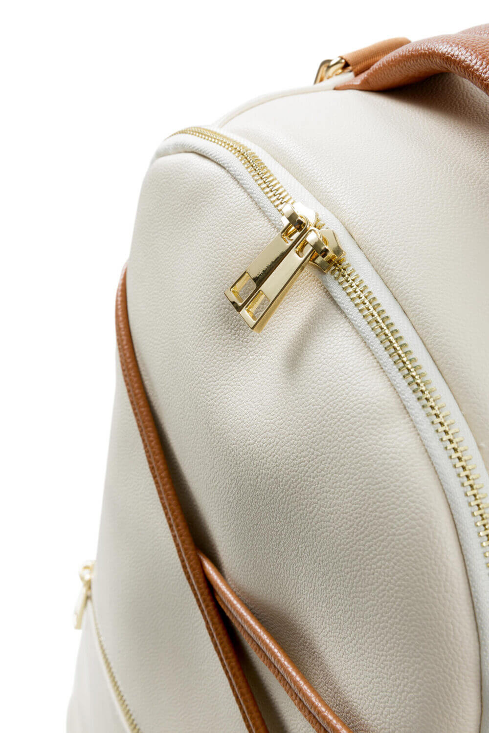 a white backpack with a brown handle on a white background.